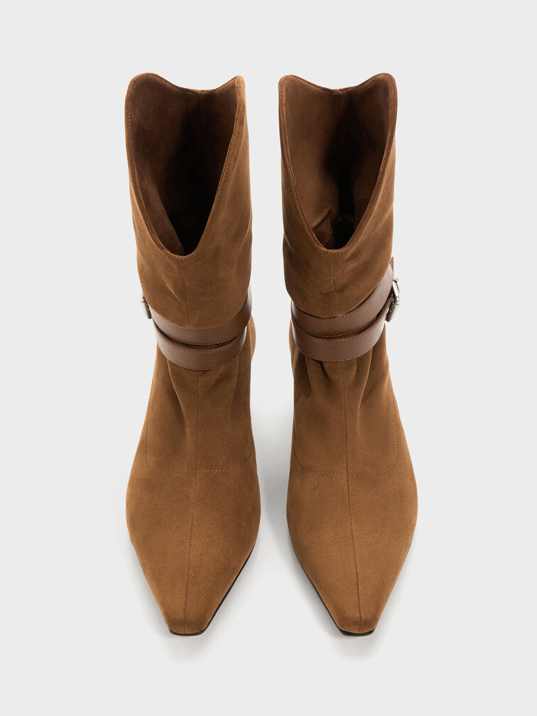 Karter Faux Suede Pointed-Toe Ruched Buckled Kitten-Heel Boots, Cognac, hi-res