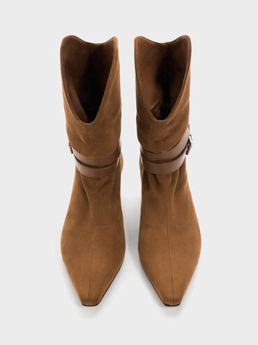 Karter Faux Suede Pointed-Toe Ruched Buckled Kitten-Heel Boots, Cognac, hi-res
