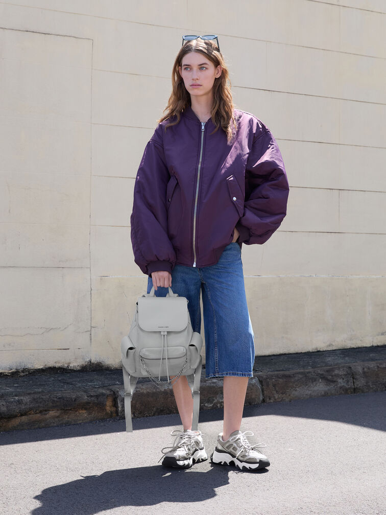 Nylon Puffy Chain-Link Backpack, Light Grey, hi-res