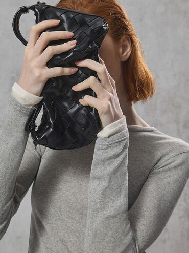 حقيبة كتف إيفيت بتصميم منسوج, أسود كلاسيكي, hi-res