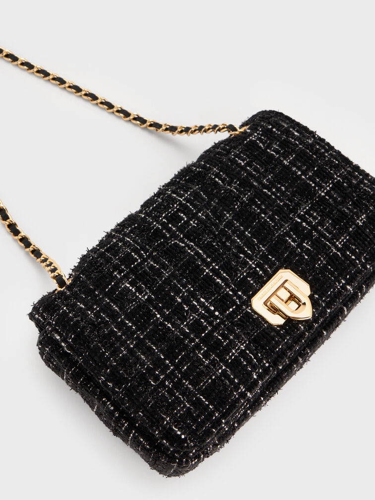 Arwen Tweed Diamond-Quilt Braided-Strap Shoulder Bag, Black Tweed, hi-res