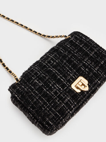 Arwen Tweed Diamond-Quilt Braided-Strap Shoulder Bag, Black Tweed, hi-res