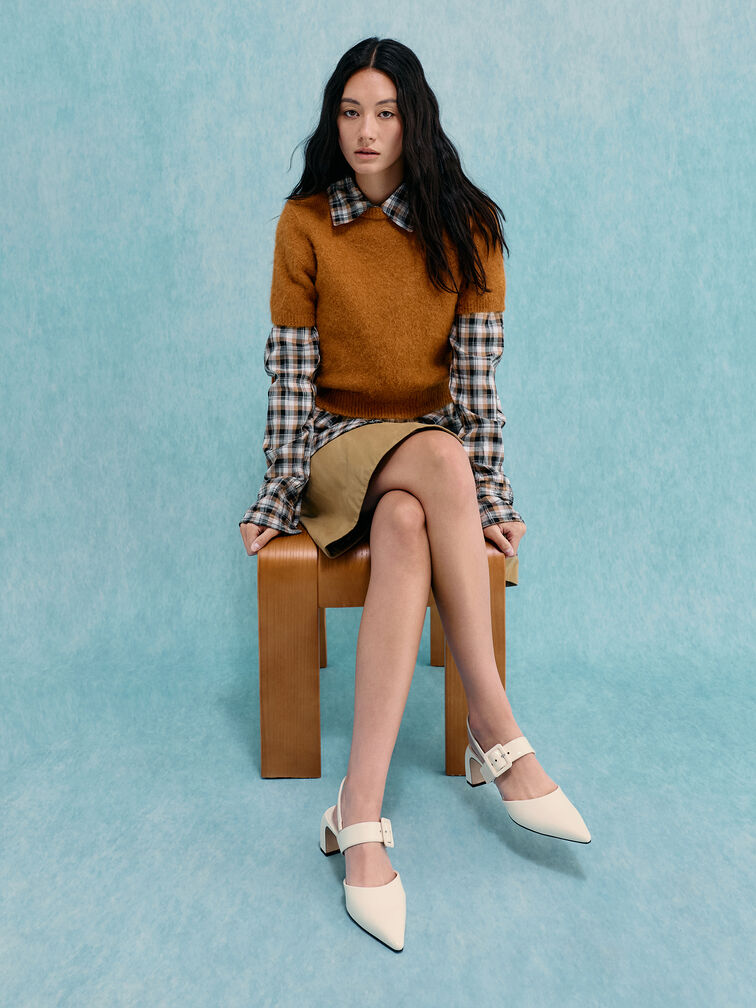 Patent Buckled Pointed Slingback Pumps, Butter, hi-res