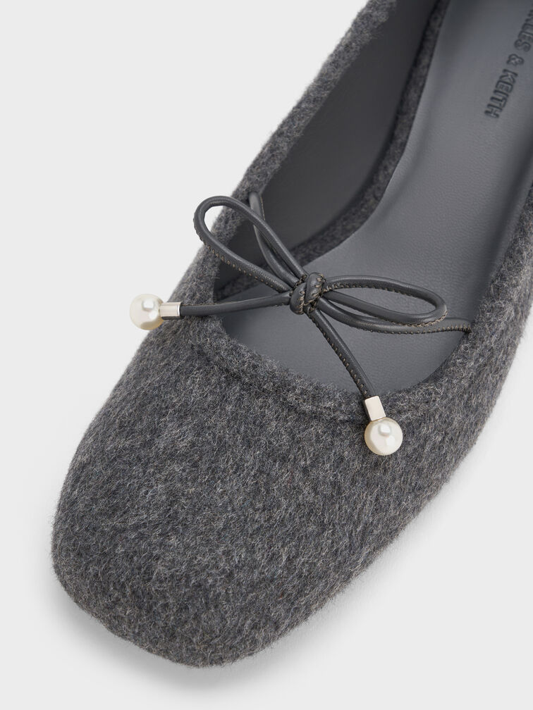 Barbara Felt Pearl-Bow Ballet Pumps, Grey, hi-res