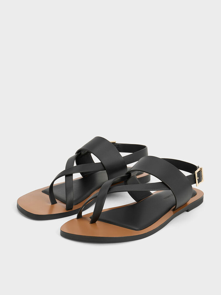Toe-Ring Crossover-Strap Sandals, Black, hi-res