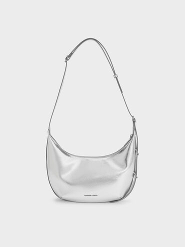 Bryna Metallic Curved Hobo Bag, Silver, hi-res
