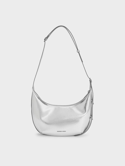 Bryna Metallic Curved Hobo Bag, Silver, hi-res