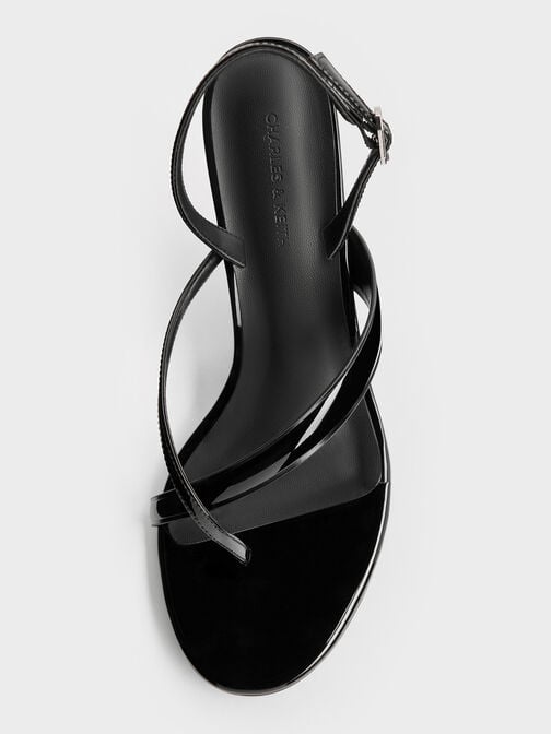 صندل ثونغ لامع مكشوف طراز (ثونغ) وكعب ستيليتو وحزام خلفي, أسود براق, hi-res