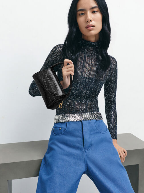 حقيبة كايلا بمقبض علوي وغطاء أمامي أنيق بتصميم على شكل جلد التمساح, أسود كروكو, hi-res