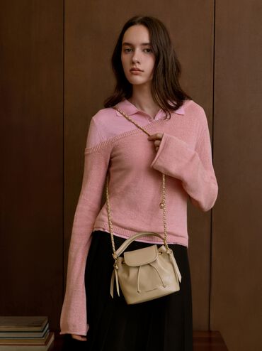 شنطة بحمالة يد وفيونكة, Sand Beige, hi-res
