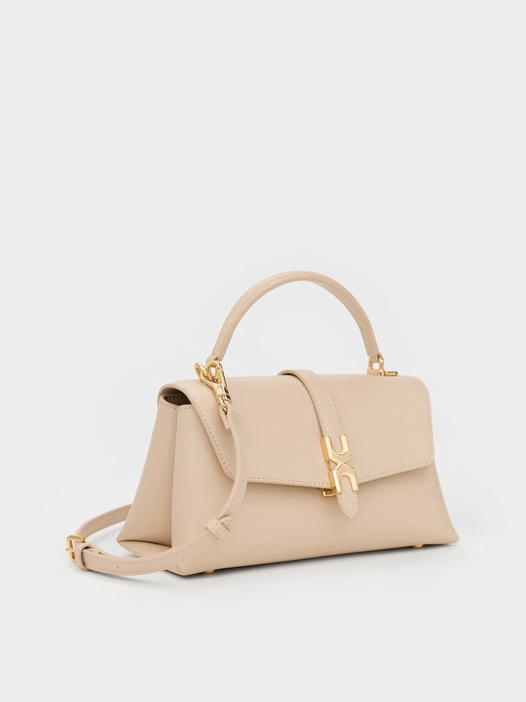 شنطة يد أدالين بمشبك معدني وحزام سلسلة, بيج مخملي, hi-res