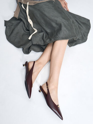 Metallic-Accent Kitten-Heel Slingback Pumps, Burgundy, hi-res