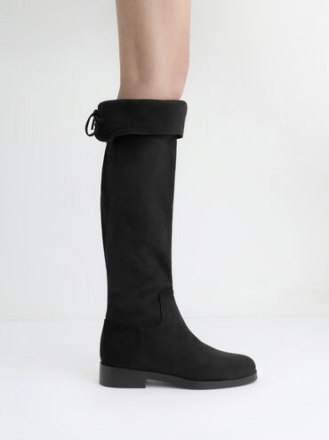 Faux Suede Fold-Over Thigh-High Boots, Black Textured, hi-res