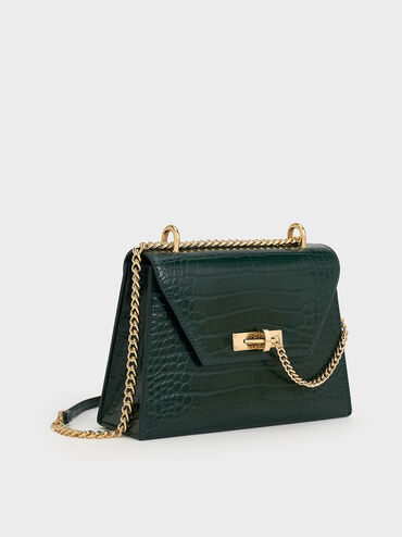 Samantha Croc-Effect Envelope Chain-Handle Bag, Dark Green, hi-res