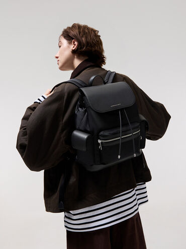 Nylon Puffy Chain-Link Backpack, Noir, hi-res