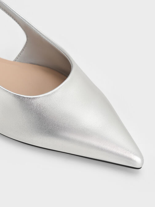 حذاء باليه مسطح سلينجباك بحزام بلمسة معدنية ومزين بالكريستال, فضي, hi-res