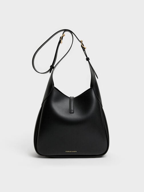 Adalyn Metallic-Buckle Belted Hobo Bag, Black, hi-res