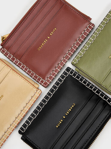 Circe Stitch-Trim Zip Around Card Holder, Beige, hi-res