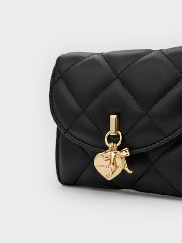 Arrietty Quilted Bow-Heart Charm Curved-Flap Wallet, Black, hi-res