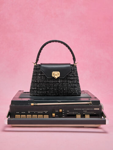 Arwen Tweed Quilted Top Handle Bag, Black Tweed, hi-res