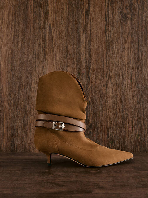Karter Faux Suede Pointed-Toe Ruched Buckled Kitten-Heel Boots, Cognac, hi-res
