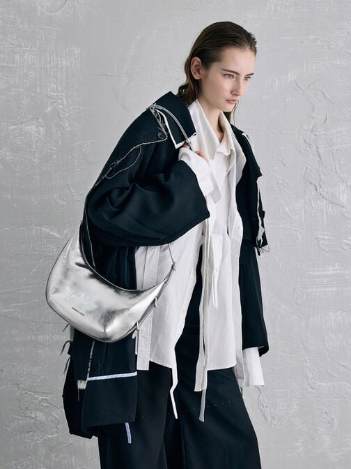 Bryna Metallic Curved Hobo Bag, Silver, hi-res