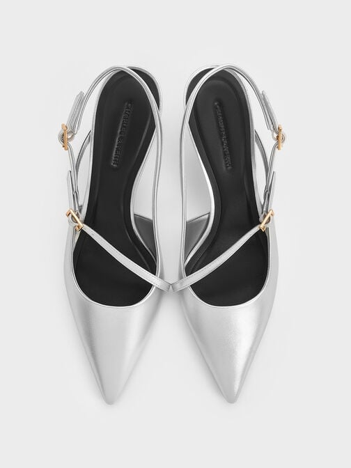 Wynn Metallic Buckled Sculptural-Heel Slingback Pumps, Silver, hi-res