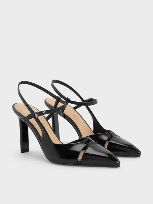 Leather Cut-Out Pointed-Toe Blade-Heel Pumps, Black, hi-res