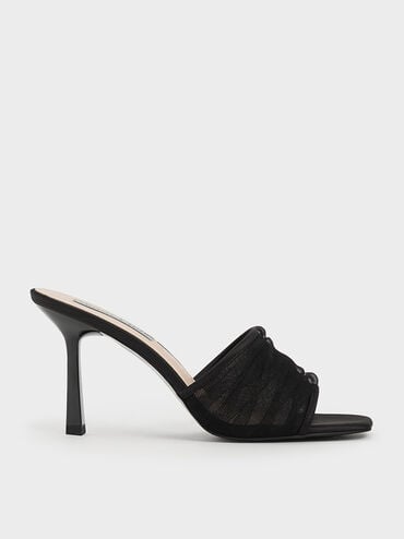 Recycled Polyester & Chiffon Ruched Heeled Mules, Black Textured, hi-res
