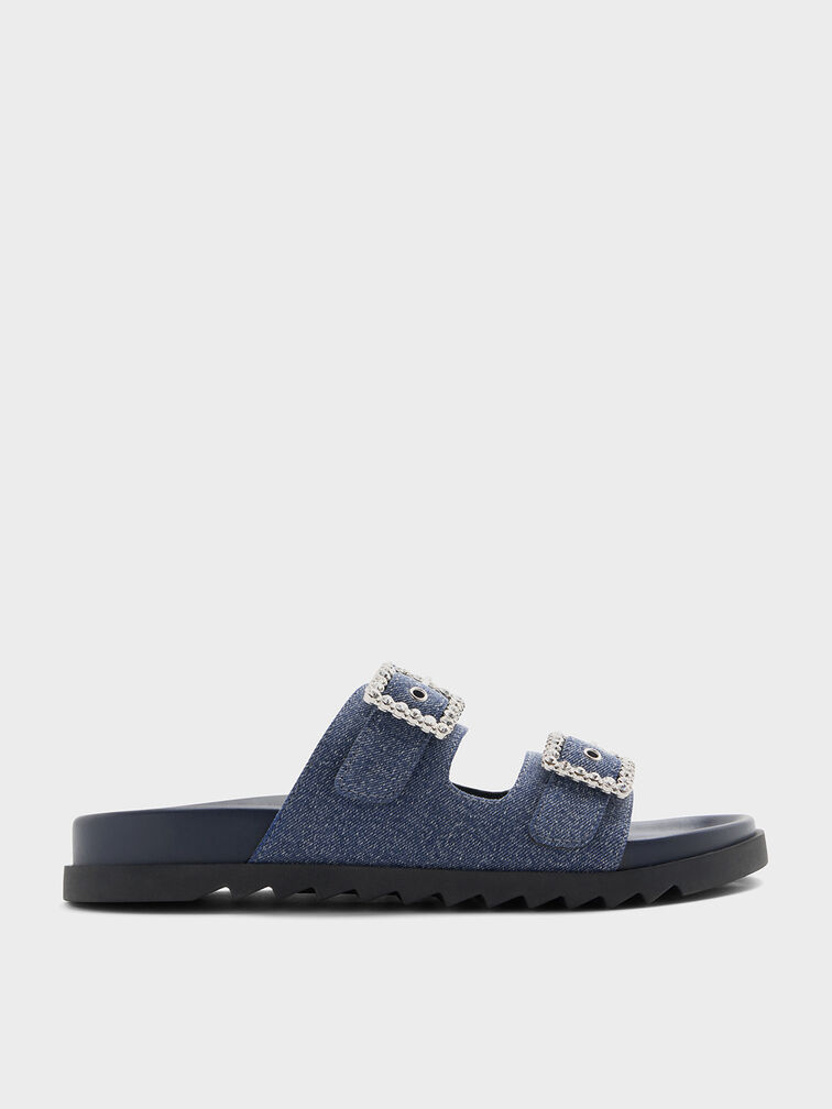 Denim Gem-Buckle Double-Strap Sandals, Denim Blue, hi-res