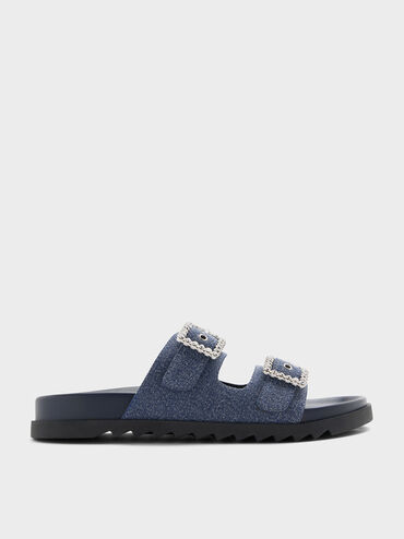 Denim Gem-Buckle Double-Strap Sandals, Denim Blue, hi-res
