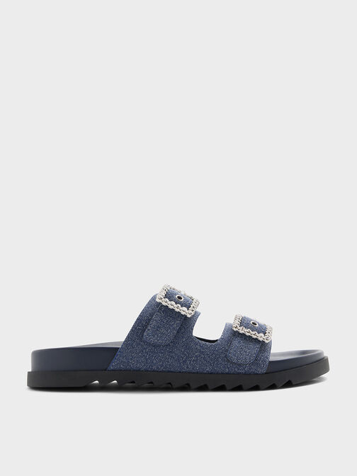 Denim Gem-Buckle Double-Strap Sandals, Denim Blue, hi-res