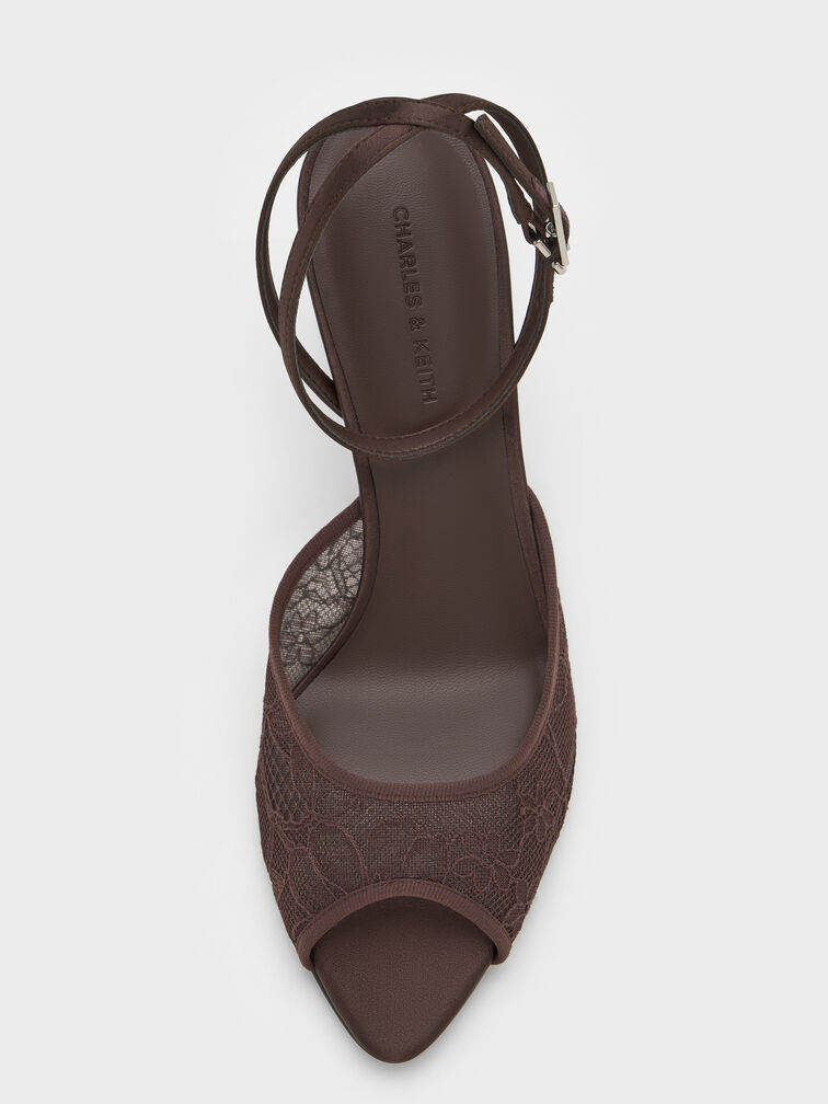 حذاء بكعب عالٍ من الدانتيل والساتان بمقدمة مفتوحة, بني محبّب غامق, hi-res