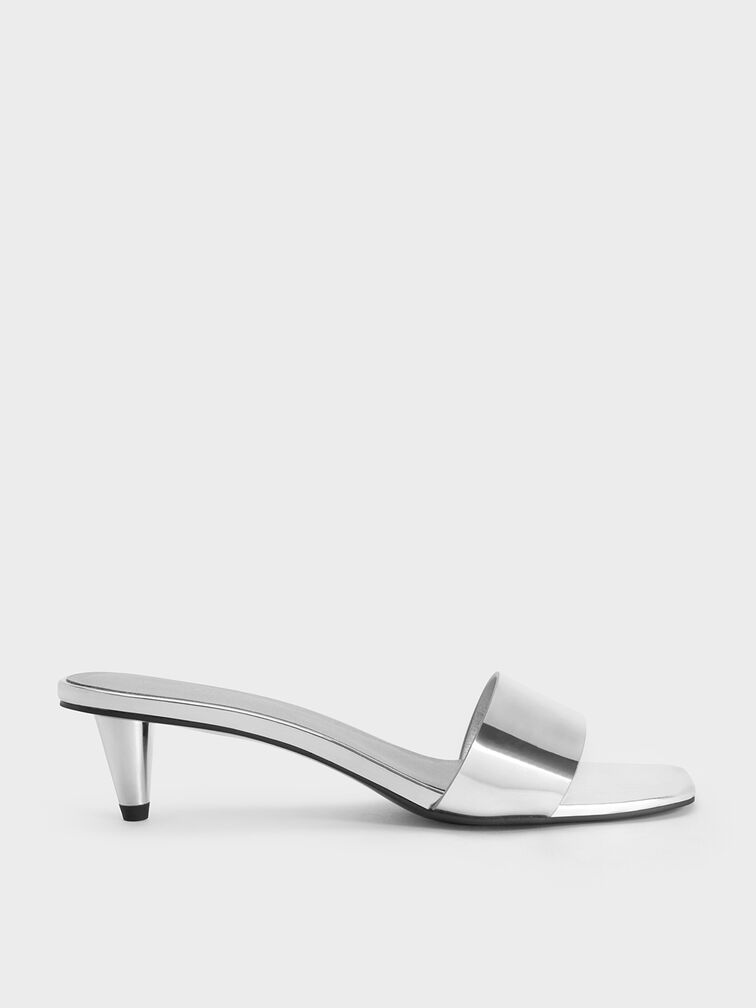 Metallic Cone-Heel Mules, Silver, hi-res