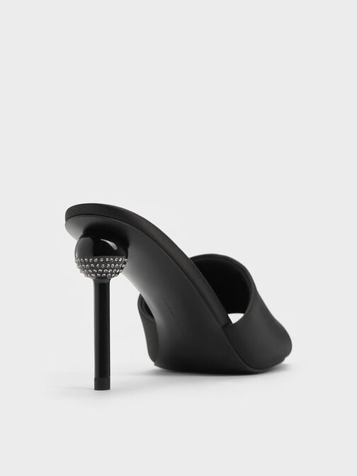 Satin Crystal-Embellished Ball-Heel Mules, Black Textured, hi-res