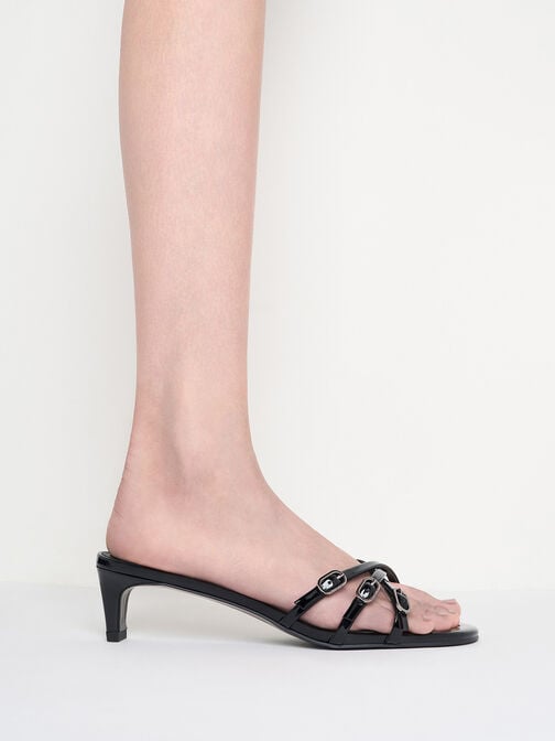 Patent Buckled Strappy Kitten-Heel Mules, Black Patent, hi-res