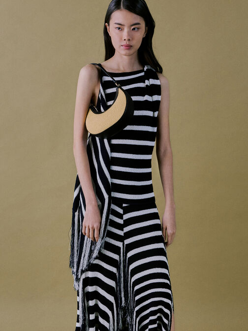 حقيبة هوبو بتصميم هلالي من الجلد والرافيا, بيج رافيا أنيق, hi-res