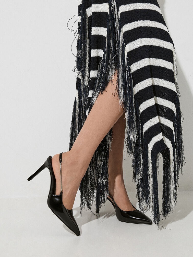 حذاء سلينجباك مفتوح الظهر بكعب عالٍ ومقدمة مدببة وحزام على شكل سلسلة, صندوق أسود, hi-res