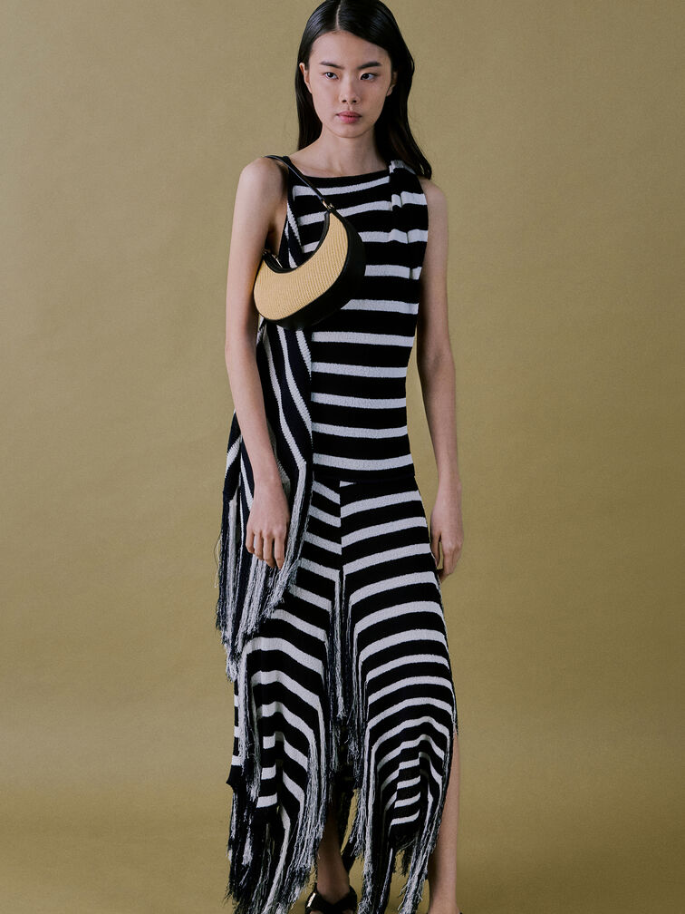 حقيبة هوبو بتصميم هلالي من الجلد والرافيا, بيج رافيا أنيق, hi-res