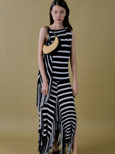 حقيبة هوبو بتصميم هلالي من الجلد والرافيا, بيج رافيا أنيق, hi-res