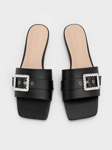 Recycled Polyester Gem-Buckle Square-Toe Slide Sandals, Black Textured, hi-res