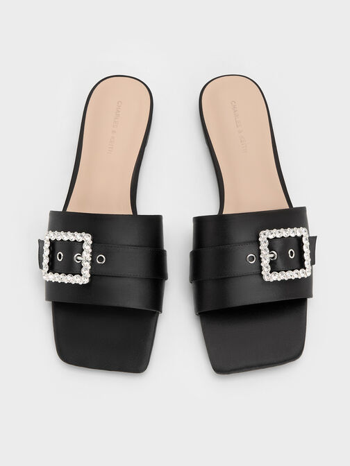 Recycled Polyester Gem-Buckle Square-Toe Slide Sandals, Black Textured, hi-res
