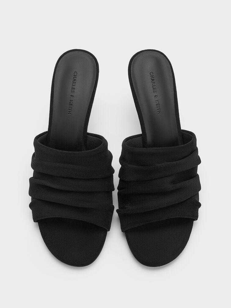 Faux Suede Ruched Heeled Mules, Black Textured, hi-res