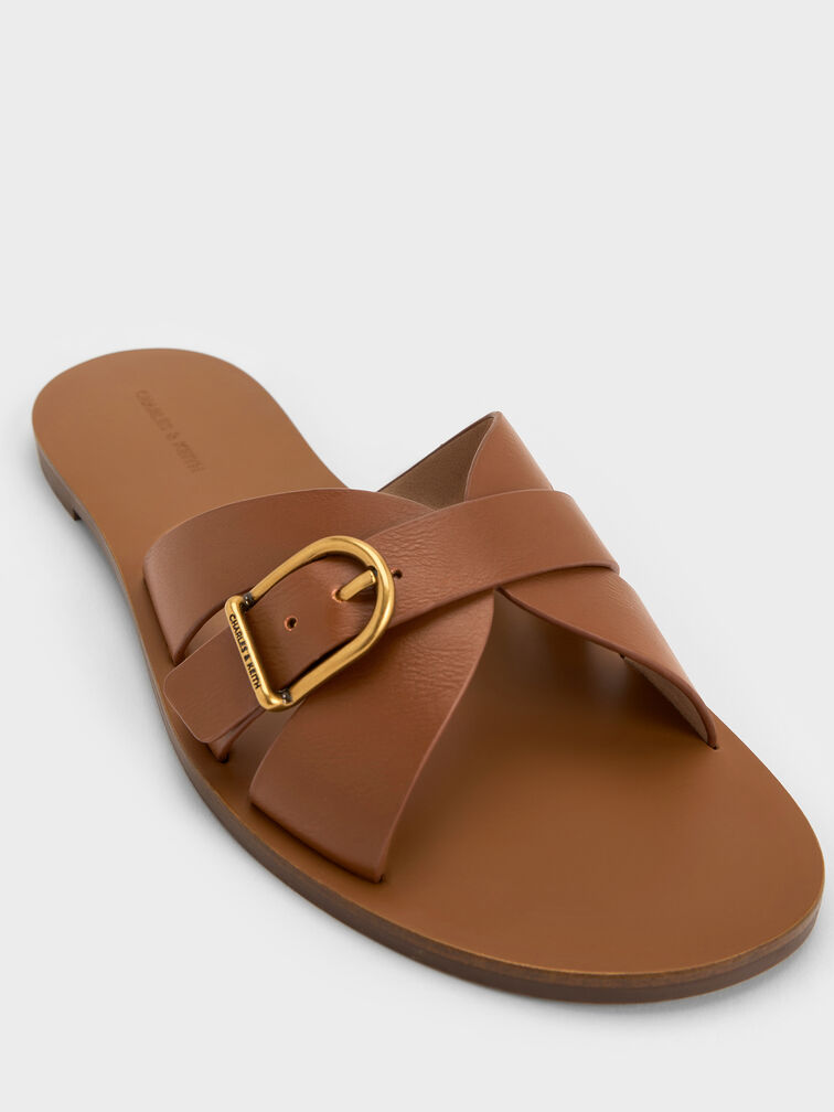 Belted Slide Sandals, Brown, hi-res