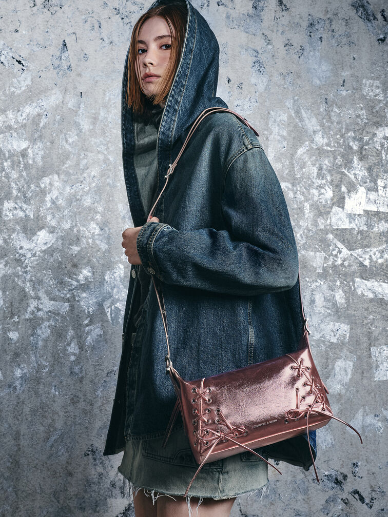 Xylia Metallic Grommet Lace-Up Shoulder Bag, Aura Pink, hi-res