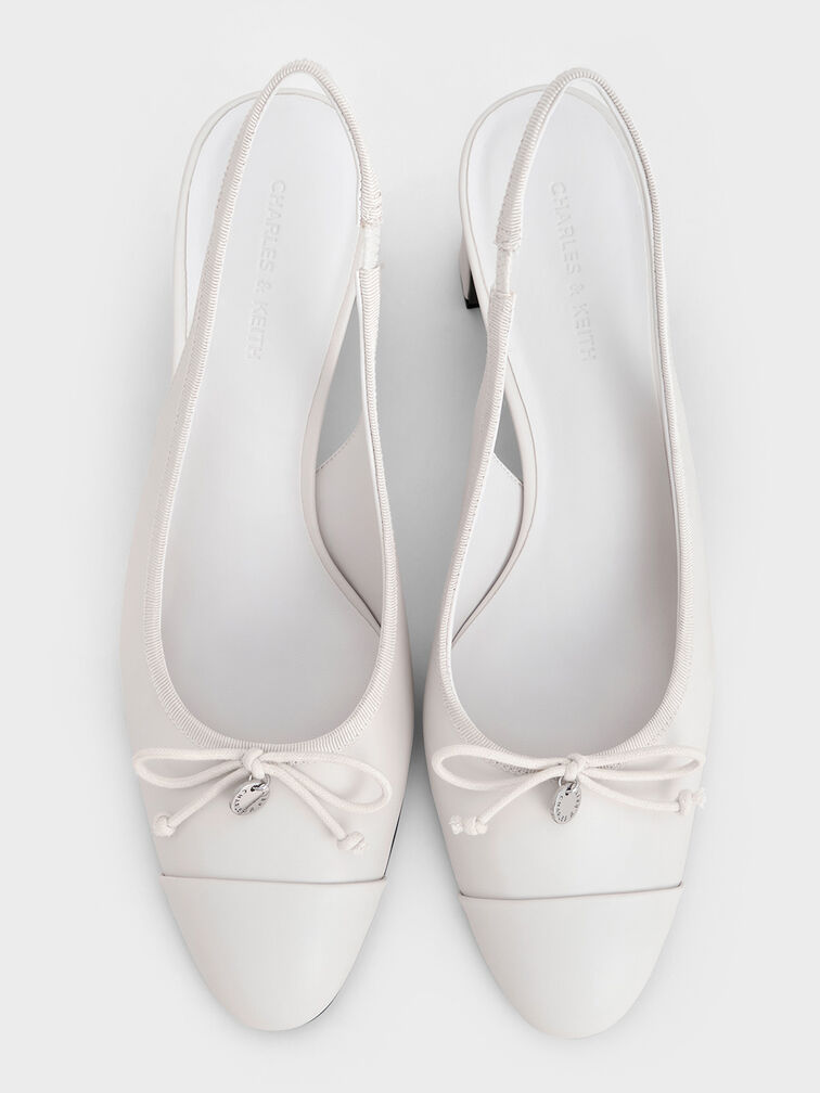 Bow Cap-Toe Slingback Pumps, White, hi-res