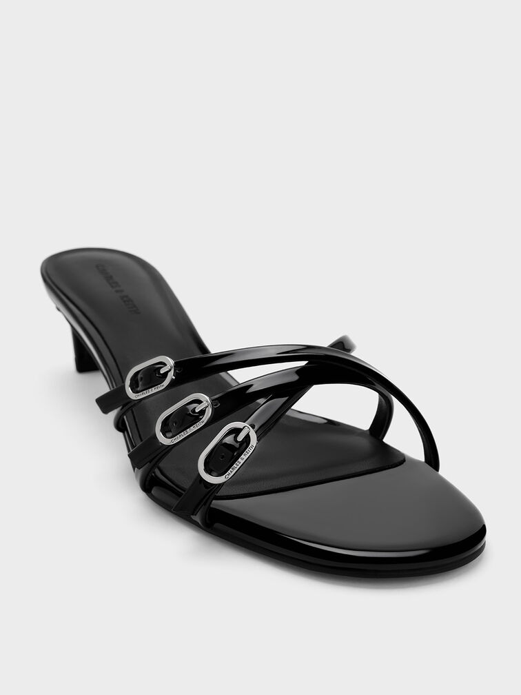 Patent Buckled Strappy Kitten-Heel Mules, Black Patent, hi-res