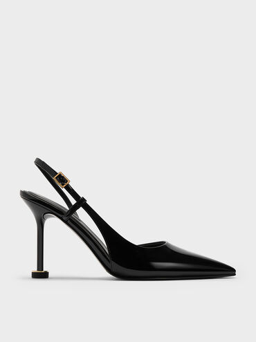 Wynn Patent Pointed-Toe Sculptural-Heel Slingback Pumps, Black Patent, hi-res