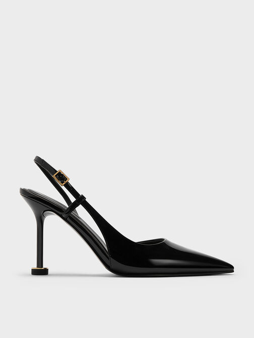 Wynn Patent Pointed-Toe Sculptural-Heel Slingback Pumps, Black Patent, hi-res