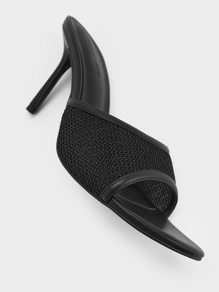 Mesh Stiletto-Heel Mules, Black Textured, hi-res